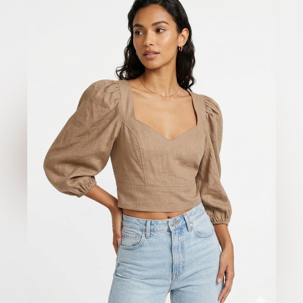 Express Brown Puff Sleeve Linen Blouse XSmall